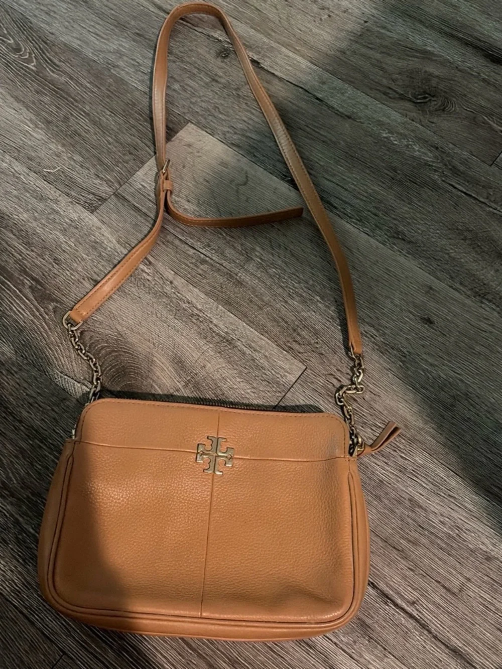 Tory Burch Tan Pebbled Leather Crossbody with Gold Logo